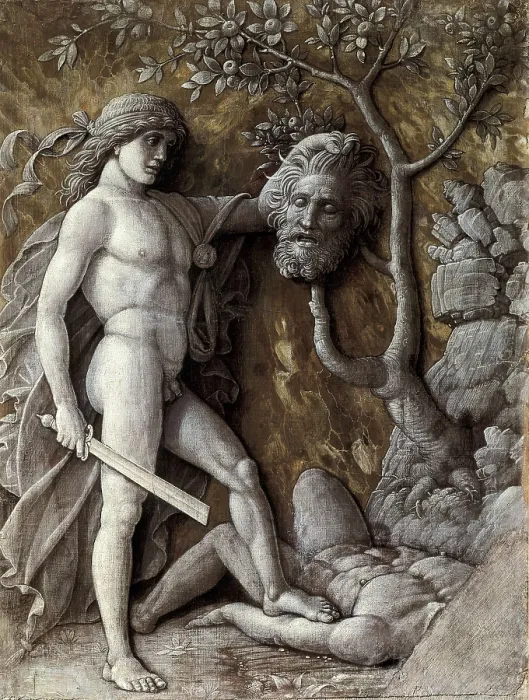 Framed Print : MANTEGNA, Andrea (1431-1506). David with the Head of Goliath. 1490. Copy of some reliefs with monochrome painting. Renaissance art. Quattrocento. Oil on canvas. AUSTRIA. Vienna