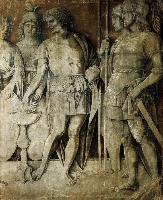 Framed Print : MANTEGNA, Andrea (1431-1506). Mucius Scaevola. ca. 1490. Renaissance art. Quattrocento. Oil on canvas. GERMANY. Munich. Alte Pinakothek (Old Pinacotheca)