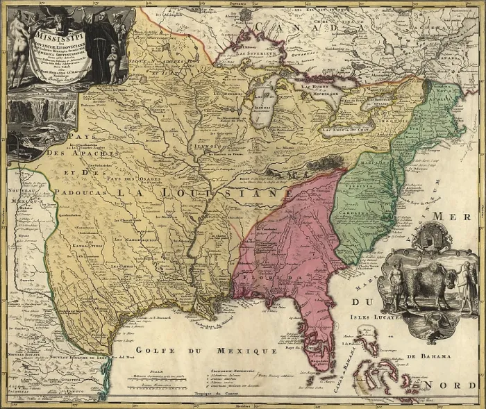 Framed Print : Map of central and eastern North America representing the New France before the French and Indian War (1755-63): French (yellow), Spanish (pink) and English (Green) Framed Print : Map of central and eastern North America representing the New France before the French and Indian War (1755-63): French (yellow), Spanish (pink) and English (Green)