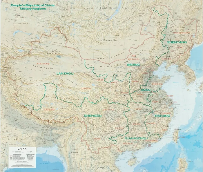 Framed Print : Map of China with Chinese military command zones delineated, 1986. The nation is subdivided into five theater commands, Eastern, Southern, Western, Northern, and Central