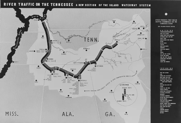Framed Print : Map diagrams the river transport development plan for the New Deal public works project authorized when President Franklin D