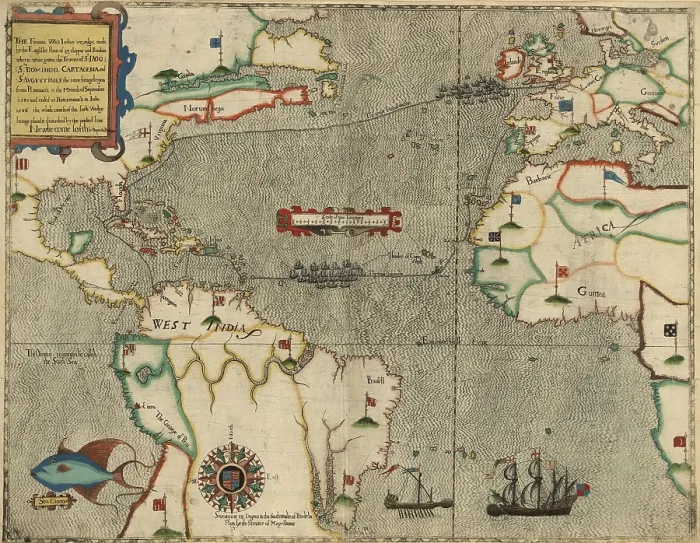 Framed Print : Map of Drake's Atlantic Expedition in 1585 by Giovanni Battista Boazio, tracks Drake's voyage to the West Indies and America in 1585-86
