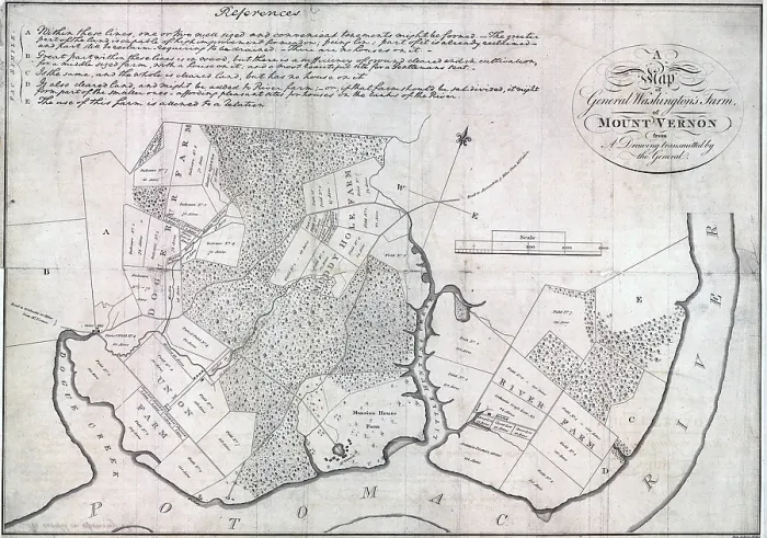 Framed Print : A map of General Washington's farm of Mount Vernon from a drawing transmitted by the General. Surveyed and drawn by George Washington, printed 1801