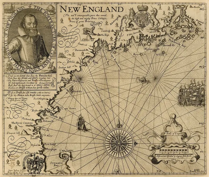 Framed Print : Map of New England accompanied Captain John Smiths encouraging description of the present-day states of the US northeast