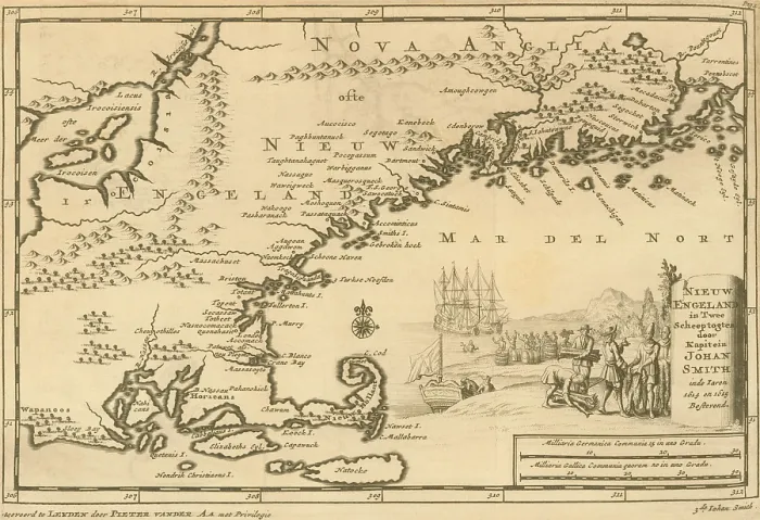 Framed Print : Map of New England from Penobscot Bay in Maine to Narragansett Bay in present-day Rhode Island, first published by John Smith in 1614 and 1615