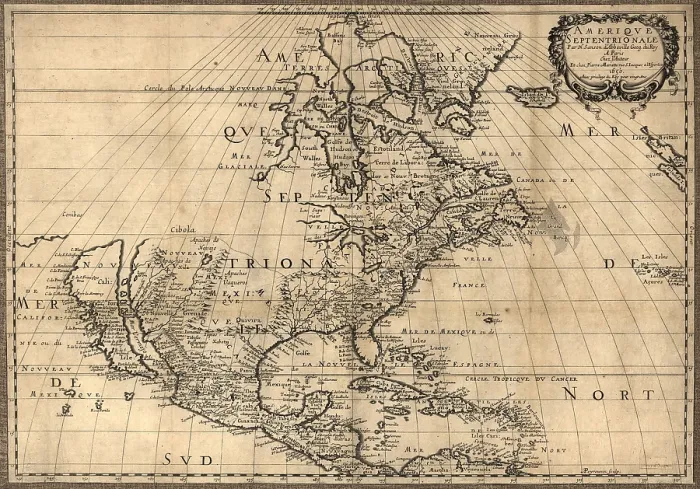 Framed Print : Map of North America continent showing extent of exploration in 1650. California is shown as an Island and the Pacific Northwest and Alaska are unknown