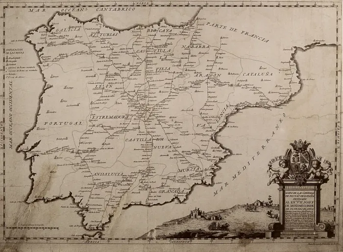 Framed Print : Map of the postal system of Spain (18th c.). Dedicated to the Cond of Floridablanca. SPAIN. Madrid. Post and Telegraph Museum. AISA / Everett Collection (18254)**US SALES ONLY** Framed Print : Map of the postal system of Spain (18th c.). Dedicated to the Cond of Floridablanca. SPAIN. Madrid. Post and Telegraph Museum. AISA / Everett Collection (18254)**US SALES ONLY**