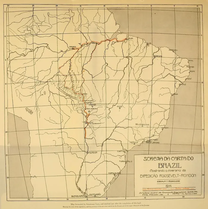 Framed Print : Map of the Roosevelt-Rondon Scientific Expedition of the American Museum of Natural History. The orange route is the 1913-1914 path of exploration (BSLOC_2017_8_68)