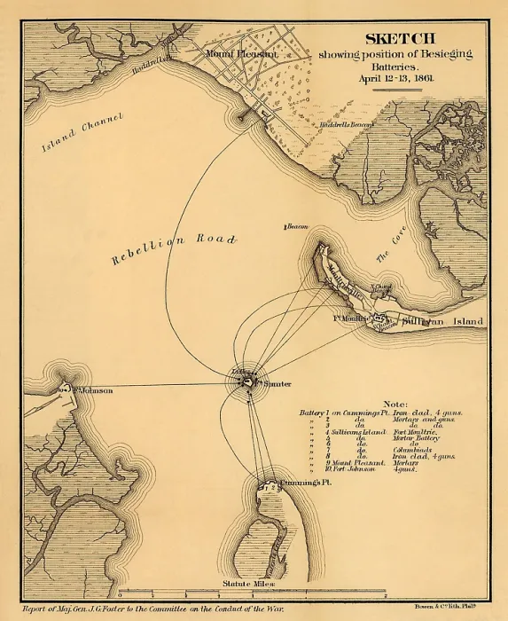 Framed Print : Map showing the positions of Confederate batteries besieging Fort Sumter at the start of the US Civil War, April 12-13, 1861 (BSLOC_2018_6_103)