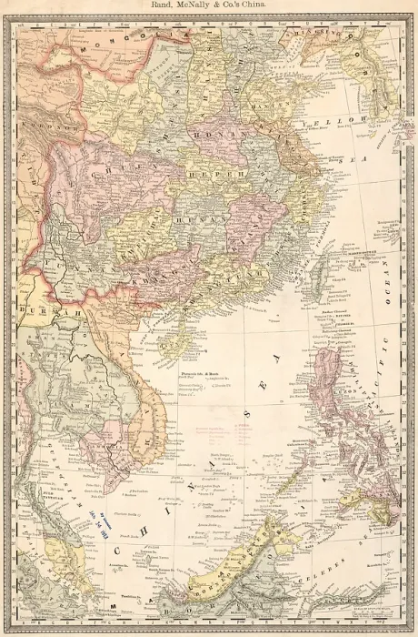 Framed Print : Map of South China Sea in 1885, has coastlines on several East Asian nations, and European occupied territories: Dutch West Indies (now Indonesia), British ruled Malaysia