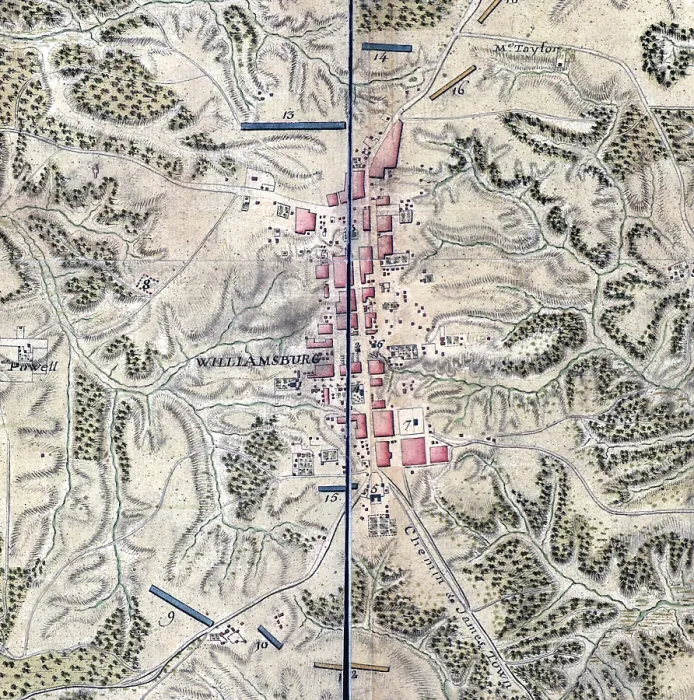 Framed Print : Map of Williamsburg in Virginia. The College of William and Mary is marked #5. Drawn by du Chesnoy for Lafayette. September 1781 Framed Print : Map of Williamsburg in Virginia. The College of William and Mary is marked #5. Drawn by du Chesnoy for Lafayette. September 1781
