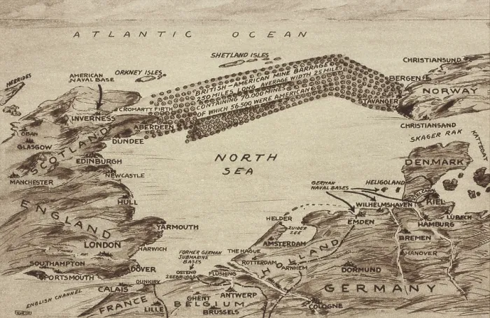 Framed Print : Map of WW1 British-American Mine field in the North Sea. 1917-18. A field of over 70, 000 mines laid between Scotland and Norway supported the Allied blockade of German shipping