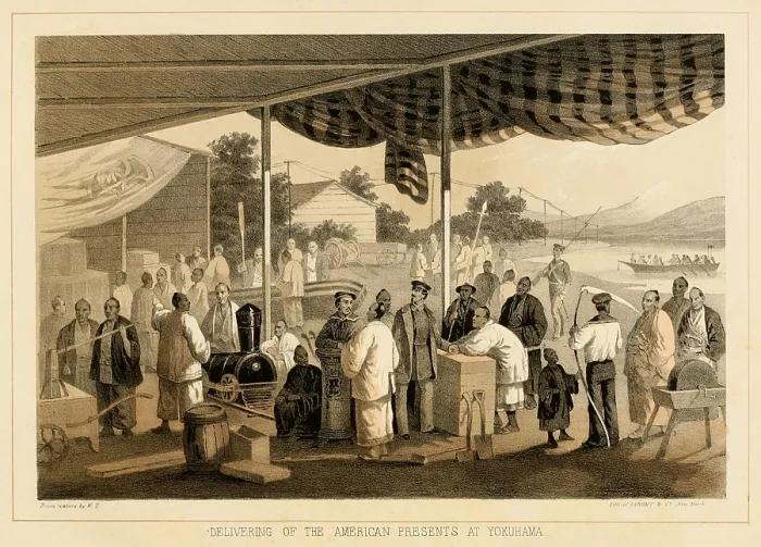 Framed Print : On March 13, 1854, American presents were delivered at Yokohama, in a building constructed next to the Treaty House, for the purpose of their display