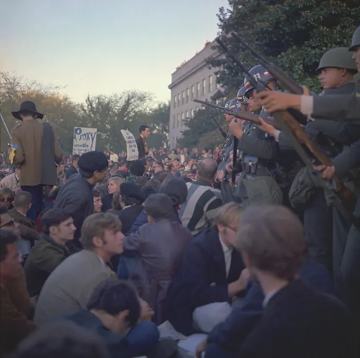Framed Print : March on the Pentagon. Military police keep back protesters at the Mall Entrance to the Pentagon. 100, 000 protesters participated in the Washington D.C