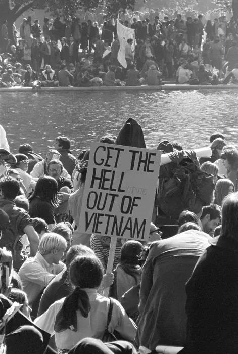 Framed Print : March on the Pentagon. Protesters hold a sign that reads: GET THE HELLicopters OUT OF VIETNAM. Oct. 21, 1967