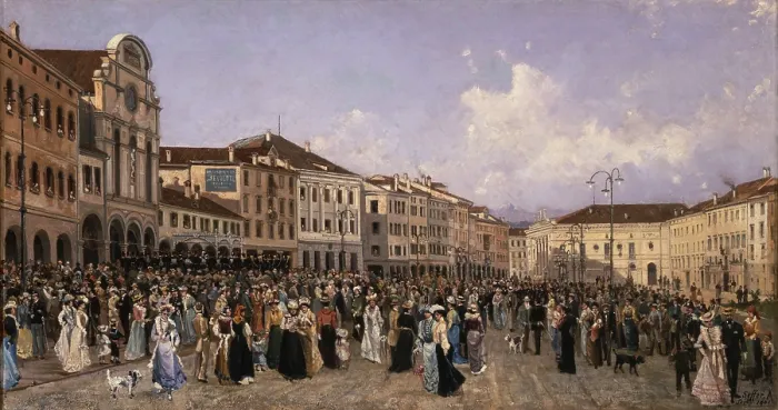 Framed Print : Marching Band Concert in Campitello Square, by Alessandro Seffer, 1901, 20th Century, oil on canvas - Italy, Veneto, Belluno, Civic Museum. Whole artwork view
