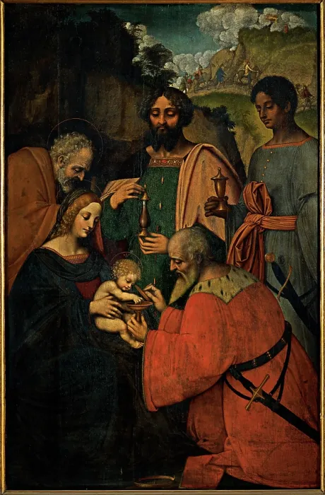 Framed Print : Marco d'Oggiono, Giovanni Agostino da Lodi known as Pseudo Boccaccino, The Adoration of the Magi, 1515 - 1520, 16th Century, oil on poplar panel, Italy, Lombardy, Milan