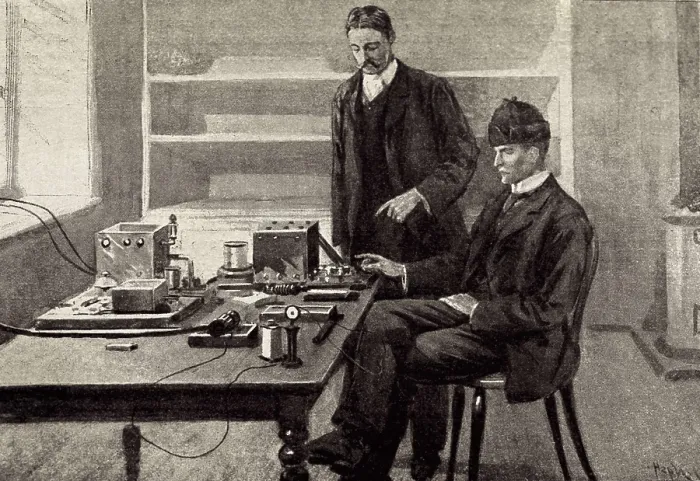 Framed Print : Marconi receiving the first transatlantic wireless transmission in a radio station located in Newfoundland. Engraving. AISA / Everett Collection**US SALES ONLY** Framed Print : Marconi receiving the first transatlantic wireless transmission in a radio station located in Newfoundland. Engraving. AISA / Everett Collection**US SALES ONLY**