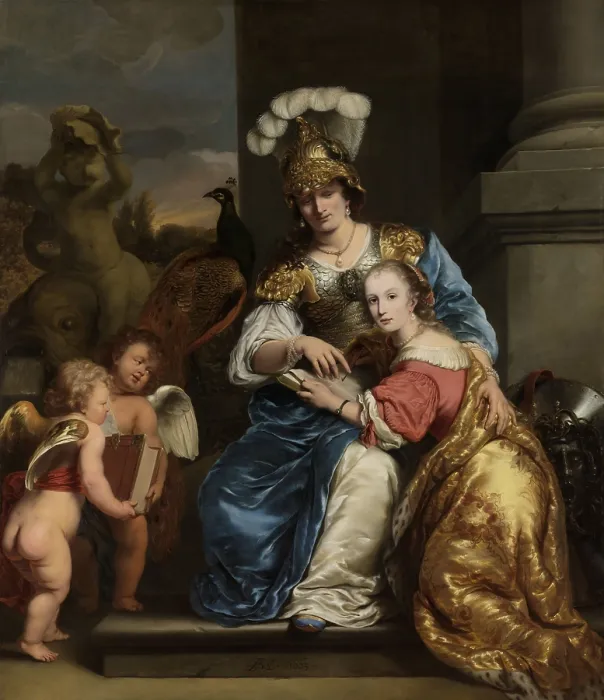 Framed Print : Margarita Trip as Minerva, Instructing her Sister Anna Maria Trip, by Ferdinand Bol, 1663, Dutch painting, oil on canvas. Two daughters of the wealthy, arms dealing, Trip family