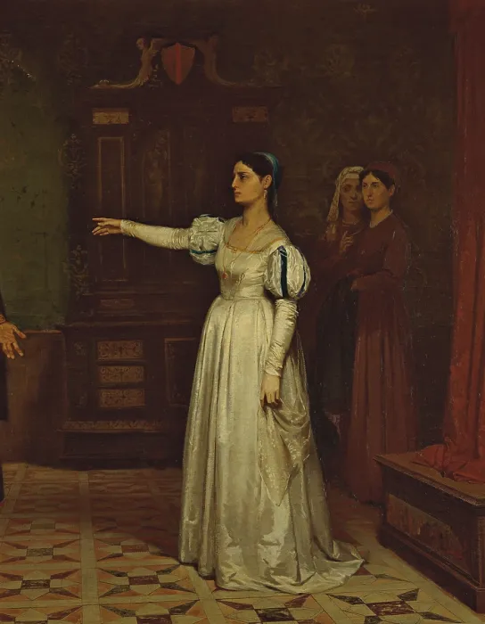 Framed Print : Margherita degli Acciajuoli dismisses Giovanni della Palla, by Ferdinando Brambilla, 19th Century, oil on canvas - Italy, Lombardy, Milan, Brera Collection. Detail Framed Print : Margherita degli Acciajuoli dismisses Giovanni della Palla, by Ferdinando Brambilla, 19th Century, oil on canvas - Italy, Lombardy, Milan, Brera Collection. Detail