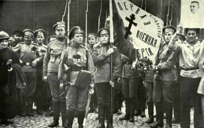 Framed Print : Maria Bochkarieva's women's battalion's banners blessed. June 1917