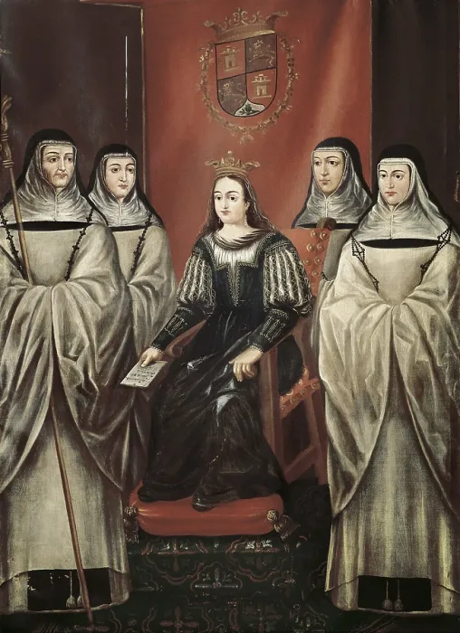Framed Print : MARIA DE MOLINA (1265-1321). Queen of Castile (1284-1295), wife of Sancho IV. Maria de Molina with the nuns of the Convent of the Huelgas Reales. Anonymous of the 13th c. Oil