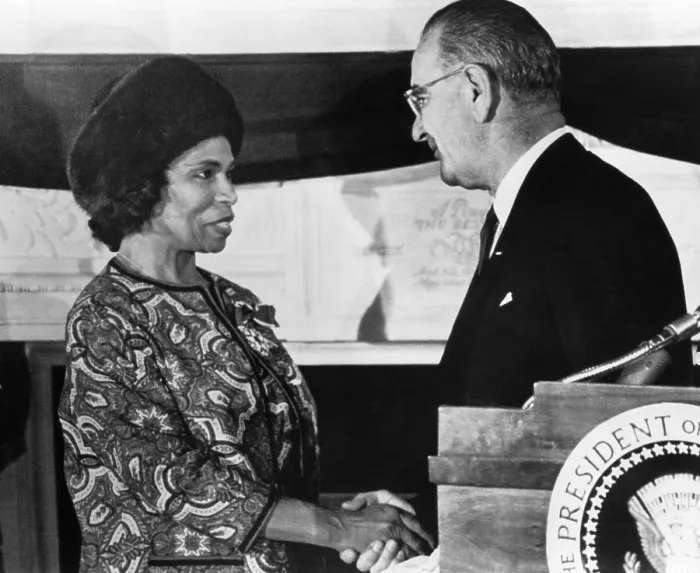 Framed Print : Marian Anderson is congratulated by President Lyndon B. Johnson at the White House during the presentation of the Presidential Medal of Freedom, 1965
