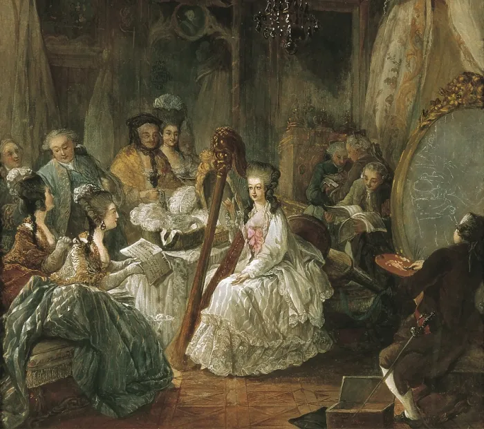 Framed Print : Marie-Antoinette (1755-1793). Queen of France, wife of Louis XVI. Music lesson in Versailles. Rococo. Oil on canvas. FRANCE. Versailles. National Museum of Versailles