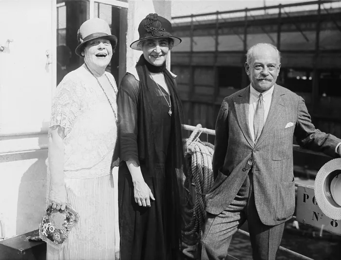 Framed Print : Marie Dressler Anne Morgan and Jules Bache photographed aboard an ocean liner a New York Pier. Dressler was a comic actress Morgan was the willful daughter of J.P Framed Print : Marie Dressler Anne Morgan and Jules Bache photographed aboard an ocean liner a New York Pier. Dressler was a comic actress Morgan was the willful daughter of J.P