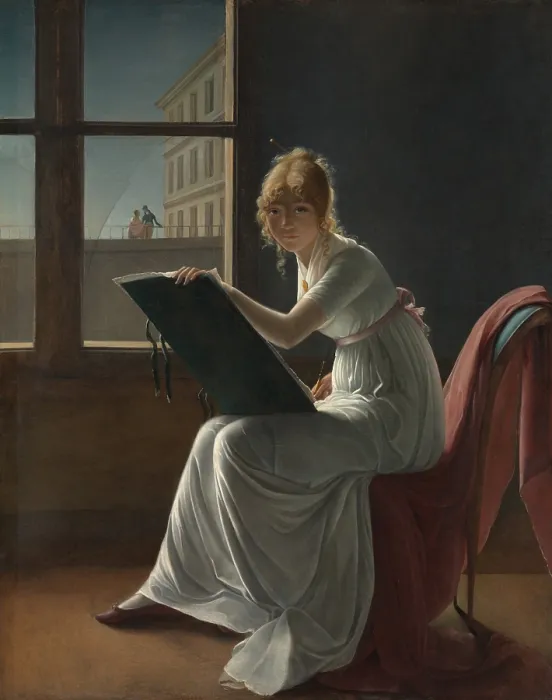 Framed Print : MARIE JOSEPHINE CHARLOTTE DU VAL D'OGNES, by Marie Denise Villers, 1801, French oil painting. Portrait by a seated female artist, dressed in a high waisted simple white dress