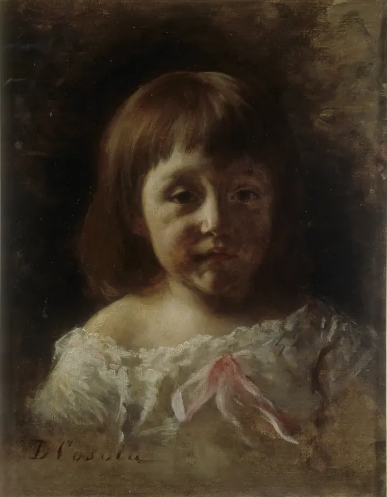Framed Print : Mariella, by Demetrio Cosola, 1880 - 1895, 19th Century, oil on canvas - Private collection. Whole artwork view. Portrait of a baby girl with a white dress and a pink ribbon