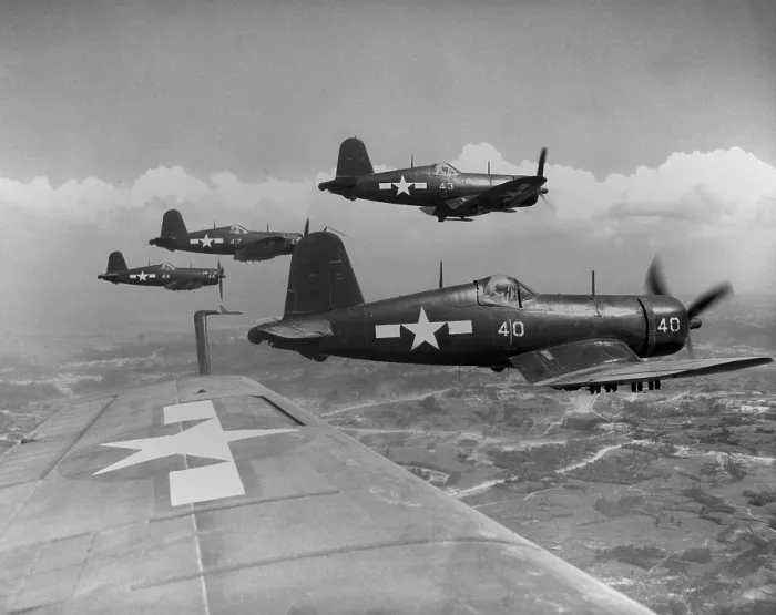 Framed Print : Marine Corsairs fly on a rocket strike against Japanese positions on southern Okinawa. June 10, 1945. World War 2. (BSLOC_2013_13_103)