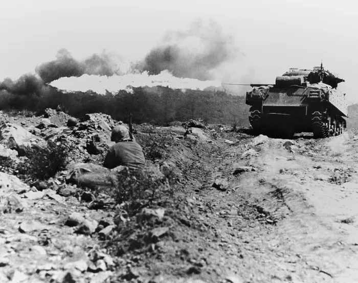 Framed Print : Marine flame-throwing tank and Marine snipers, during the battle of Iwo Jima. Ca. Feb. 20-March 16, 1945. World War 2. (BSLOC_2013_13_73)