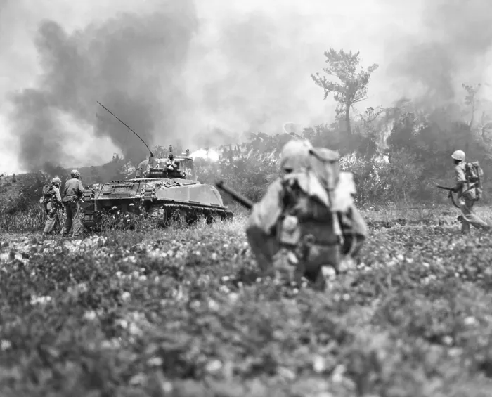 Framed Print : Marine riflemen moving up behind flame-throwing tank on Okinawa. Ca. May 1945. World War 2. (BSLOC_2013_13_106) Framed Print : Marine riflemen moving up behind flame-throwing tank on Okinawa. Ca. May 1945. World War 2. (BSLOC_2013_13_106)