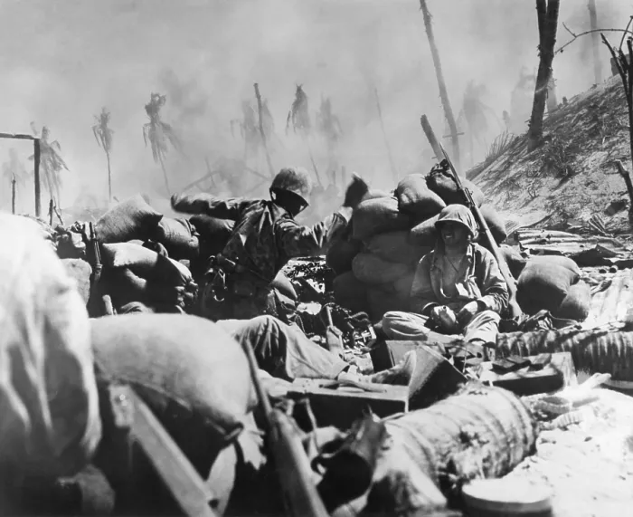 Framed Print : Marine about to throw a hand grenade at a Japanese pillbox on Tarawa, Nov. 23, 1944