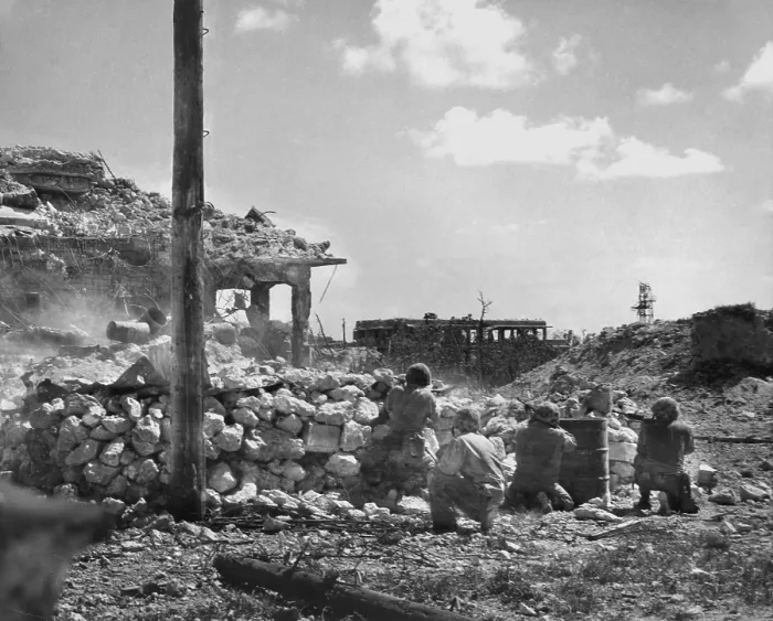 Framed Print : Marines of the First Division fire on Japanese snipers in a building on Peleliu Island. Sept.-Nov. 1944. World War 2, Pacific Ocean. (BSLOC_2013_13_25) Framed Print : Marines of the First Division fire on Japanese snipers in a building on Peleliu Island. Sept.-Nov. 1944. World War 2, Pacific Ocean. (BSLOC_2013_13_25)