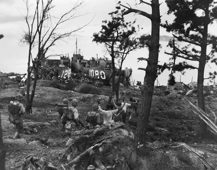 Framed Print : Marines guard Wolmi Island North Korean prisoners heading for landing craft. They were taken to Inchon for questioning, medical care and safe-keeping. Sept. 15, 1950