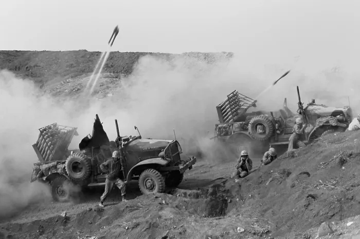 Framed Print : Marines launch rockets toward Japanese positions to support U.S. soldiers on Iwo Jima. The mobile rocket units employed hit and run tactics to escape enemy counterfire. Ca. Feb