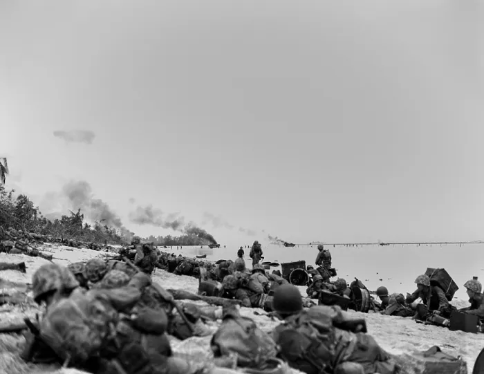 Framed Print : Marines pinned down by Japanese enemy mortar fire, as they hit Orange Beach 3 on Peleliu Island Framed Print : Marines pinned down by Japanese enemy mortar fire, as they hit Orange Beach 3 on Peleliu Island
