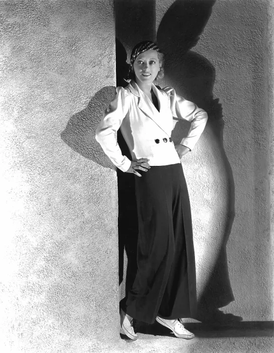 Framed Print : Marion Davies, modeling a blue and white trouser suit of flannel, 1933