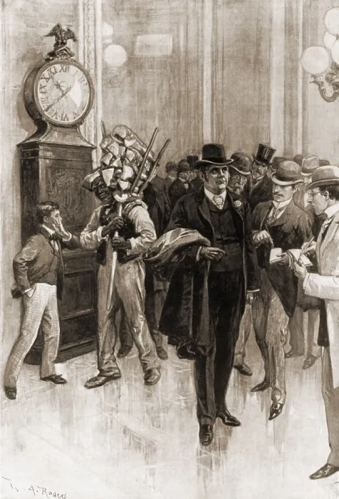 Framed Print : Mark A. Hanna, wealthy new Senator from Ohio, being interviewed by two reporters in U.S. Capitol. In the background, an African American laborer carries firewood. March 1897 Framed Print : Mark A. Hanna, wealthy new Senator from Ohio, being interviewed by two reporters in U.S. Capitol. In the background, an African American laborer carries firewood. March 1897