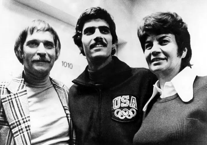 Framed Print : Mark Spitz poses with parents after winning 7th Olympic Gold Medal, Munich, Germany, 09-04-1972.. Courtesy: CSU Archives  /  Everett Collection