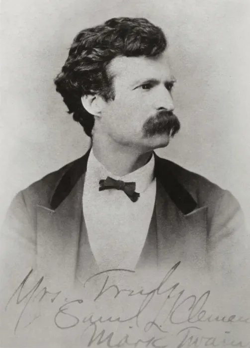 Framed Print : Mark Twain (aka Samuel Clemens), portrait taken c. 1870 when he was about 35 years old. The photograph is autographed, Yours Truly, Samuel Clemens, Mark Twain (BSLOC_2016_11_125)