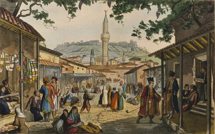 Framed Print : The market of Athens, 19th Century, colored lithograph - Private Collection. Whole artwork view. Men and women at the street market of Athens under the ottoman rule