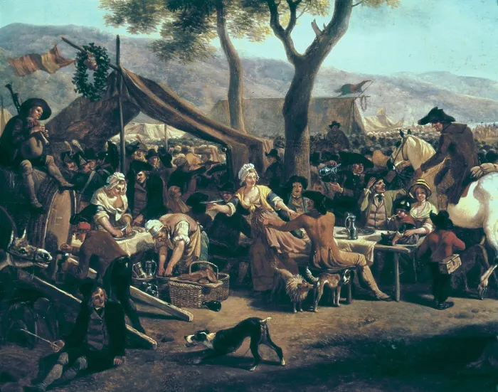 Framed Print : DE MARNE, Jean-Louis (1752-1829). Foire a l'entree d'un village (Party in a village's entrance). Left detail. Oil on wood. FRANCE. Paris. Louvre Museum