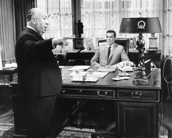 Framed Print : MARNIE, from left, director Alfred Hitchcock, Sean Connery, on-set, 1964