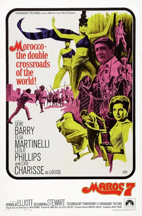 Framed Print : MAROC 7, US poster art, top, bare midrift: Elsa Martinelli; top right: Gene Barry; right with gun: Cyd Charisse, 1967