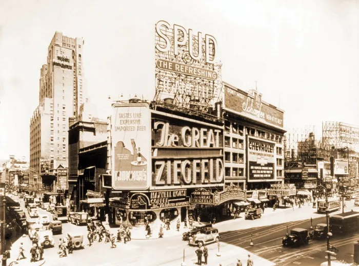 Framed Print : The marquee of the Astor Theater on Broadway at 57th street advertised the 1936 biopic, THE GREAT ZIEGFELD, staring Luise Rainer, William Powell, and Myrna Loy. 1936