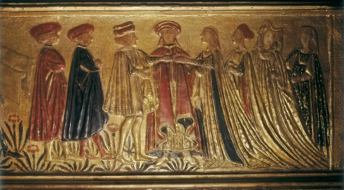Framed Print : Marriage chest. ca. 1430-1460. Renaissance art. Quattrocento. Furniture; Relief. UNITED KINGDOM. London. Victoria and Albert Museum. Proc: ITALY. TUSCANY