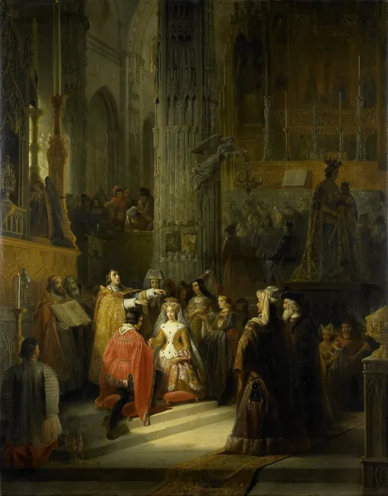 Framed Print : Marriage of Jacqueline, Countess of Hainaut (Jacoba of Bavaria), and John IV, Duke of Brabant, 1418, by Jacob Joseph Eeckhout, 1839, Dutch painting, oil on canvas
